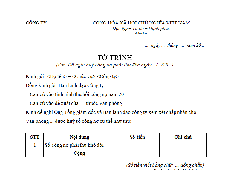 Tờ trình hủy công nợ